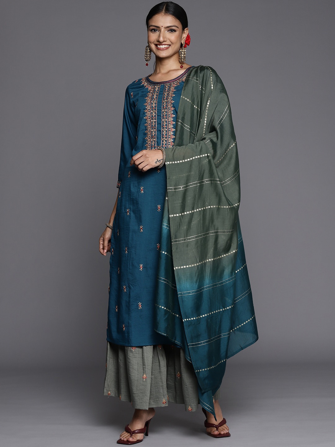 

KALINI Ethnic Motifs Embroidered Round Neck Kurta with Palazzos & Dupatta, Blue