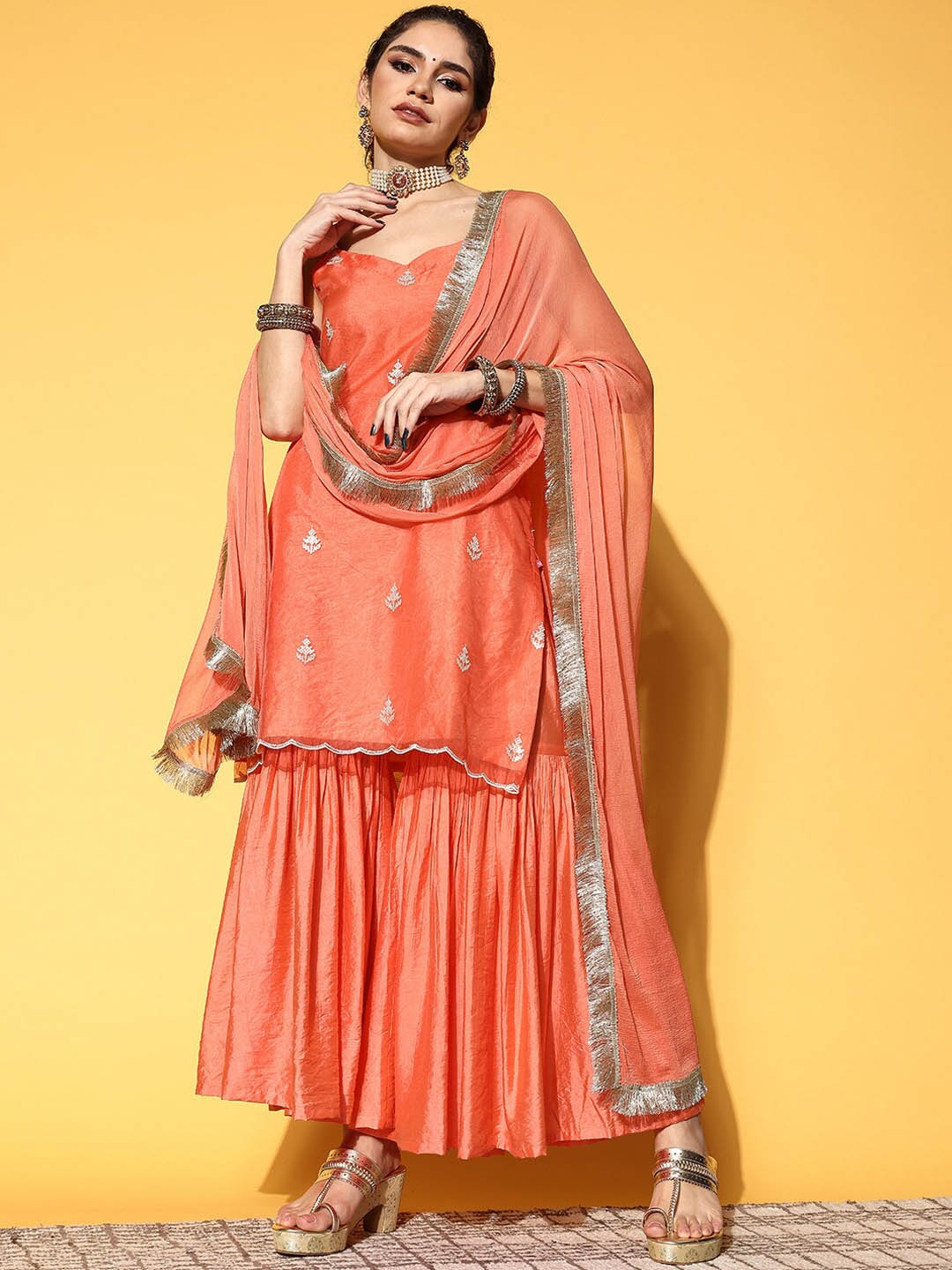 

KALINI Ethnic Motifs Embroidered Sequinned Kurta With Sharara & With Dupatta, Coral