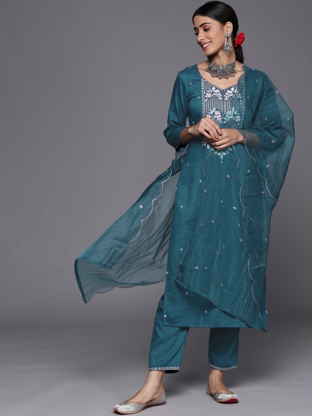 

KALINI Floral Embroidered V-Neck Kurta with Trousers & Dupatta, Blue