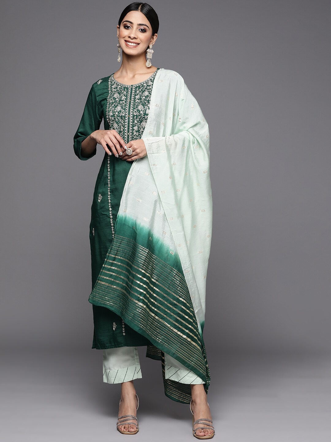 

KALINI Ethnic Motifs Embroidered Regular Pure Cotton Kurta with Trousers & Dupatta, Green