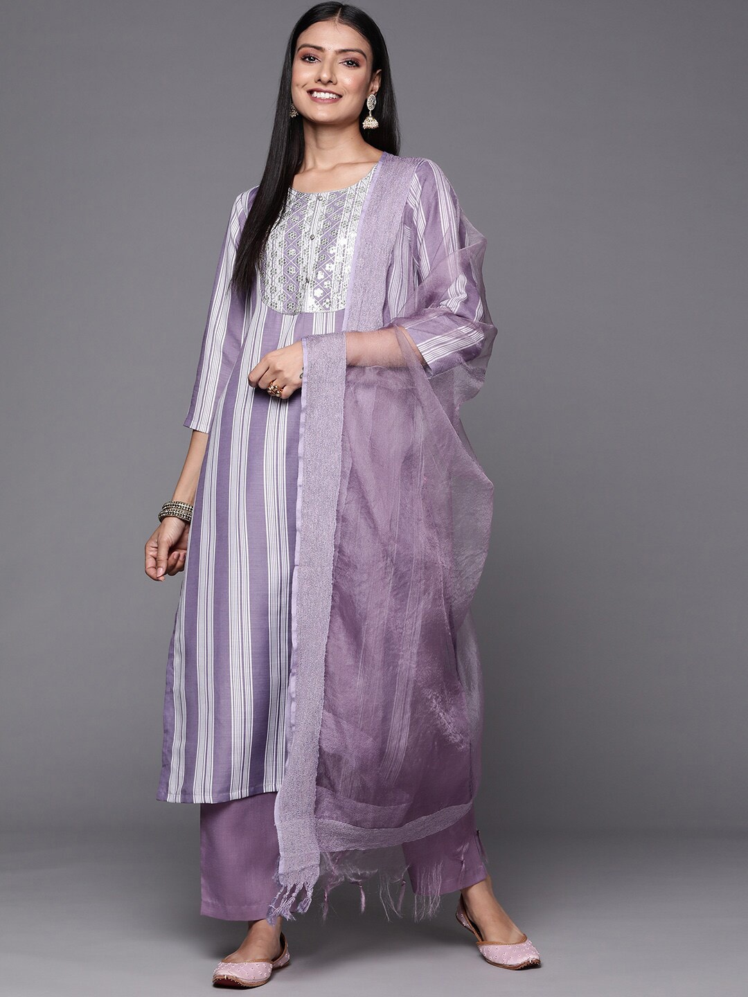 

KALINI Striped Thread Work Straight Kurta with Trousers & Dupatta, Mauve