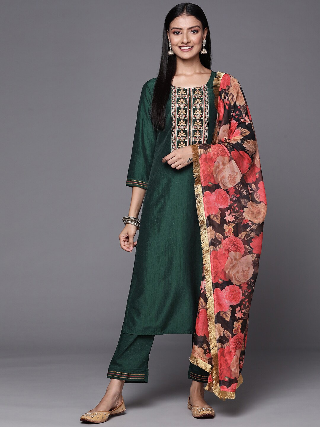 

KALINI Ethnic Motifs Yoke Design Thread Work Kurta With Trousers & Dupatta, Green