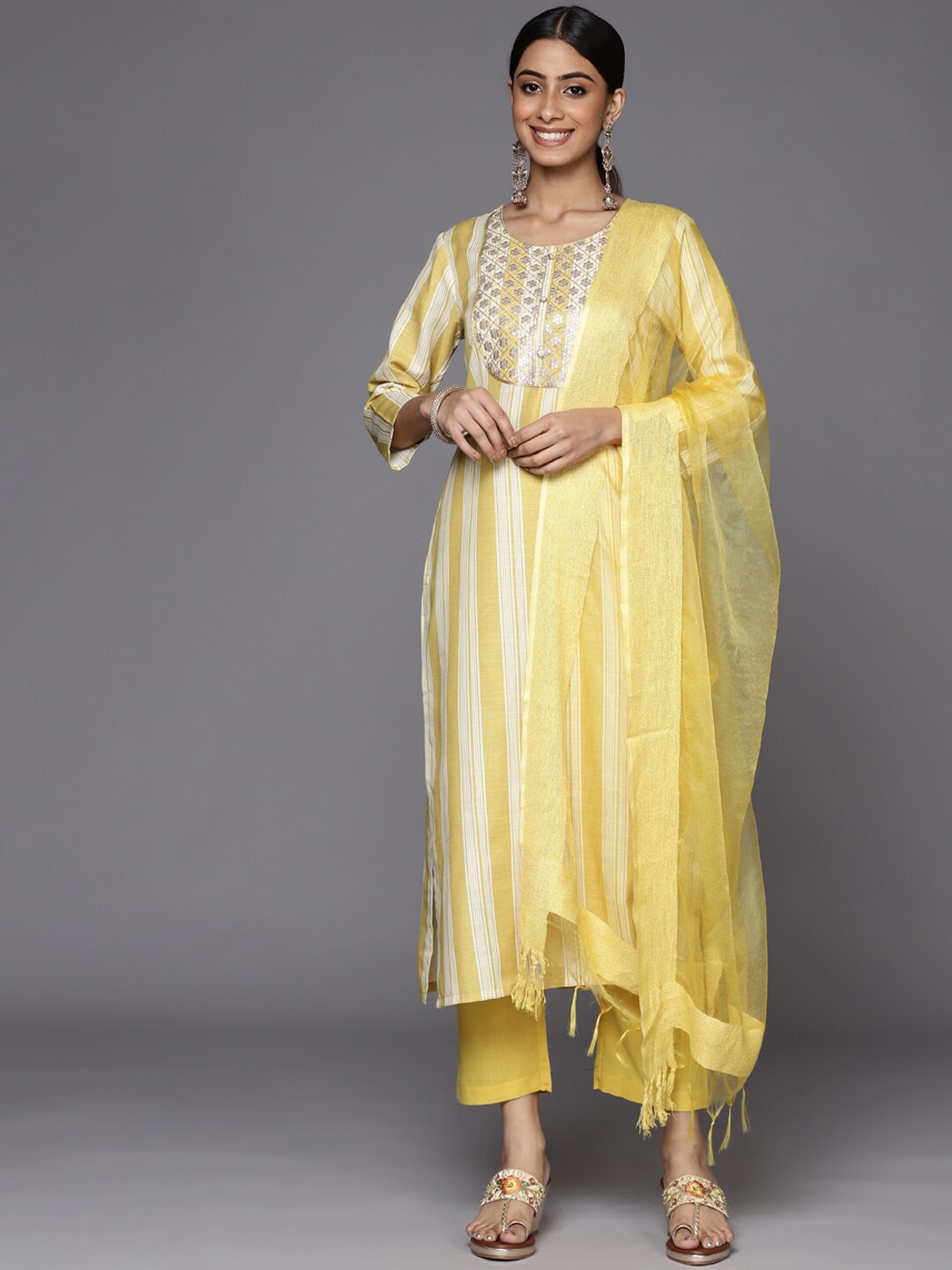 

KALINI Striped Thread Work Kurta with Trousers & Dupatta, Yellow