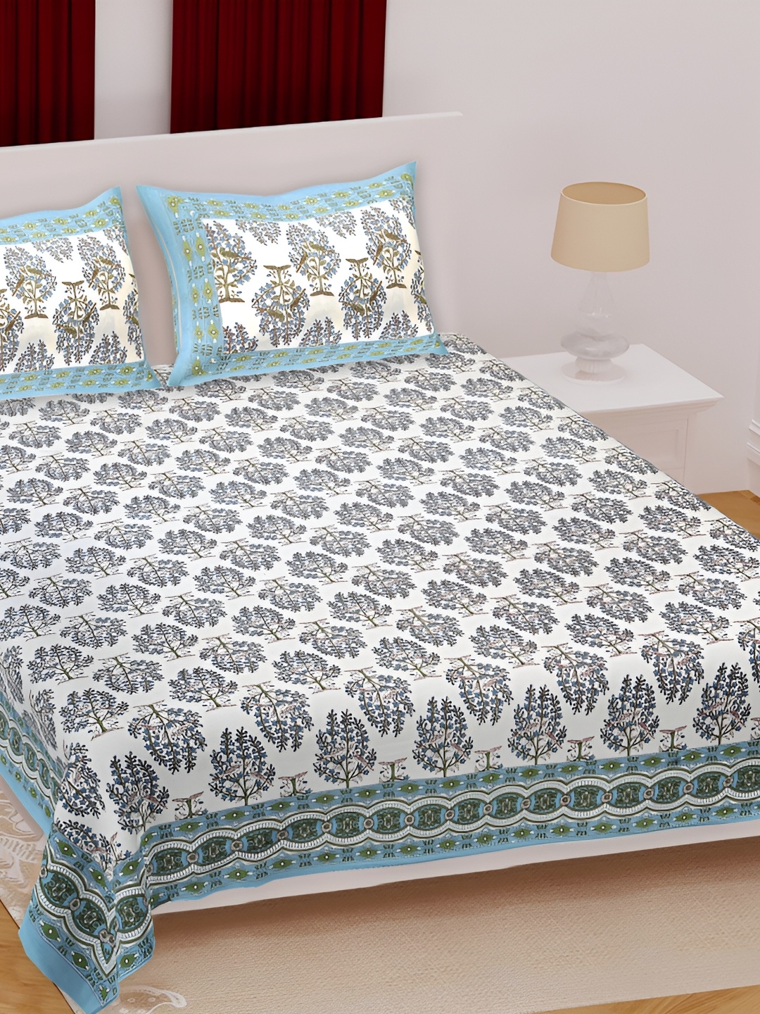 

Texstylers Blue Floral 180 TC Cotton Queen Bedsheet with 2 Pillow Covers