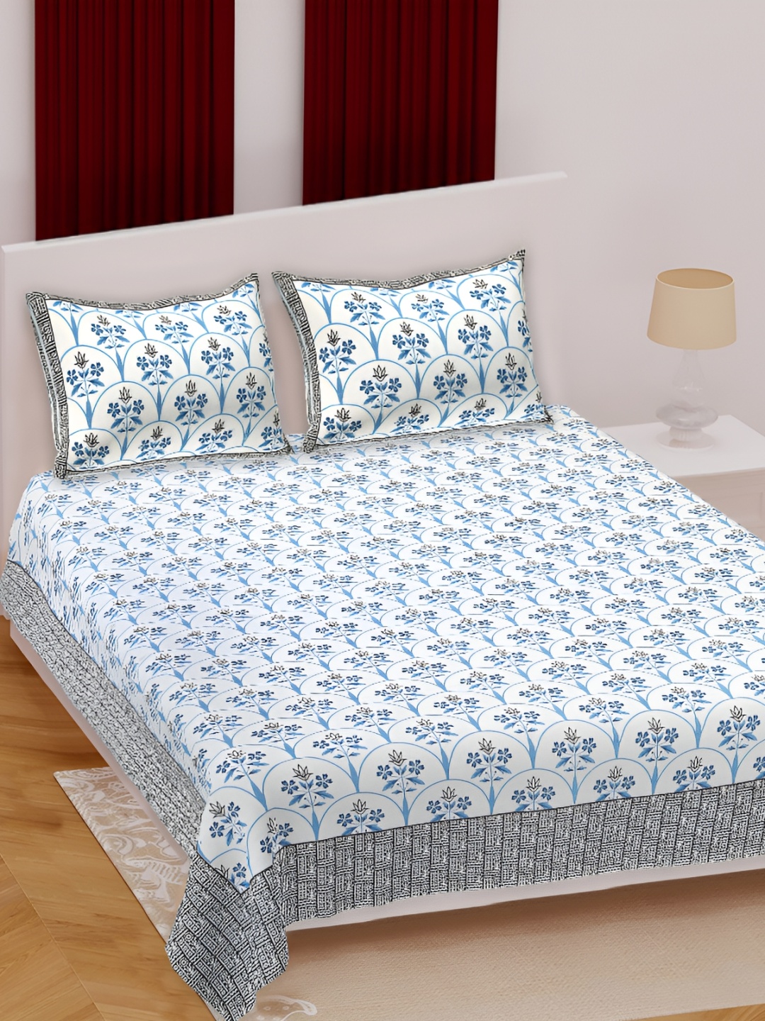 

Texstylers Blue Floral 180 TC Cotton Queen Bedsheet with 2 Pillow Covers