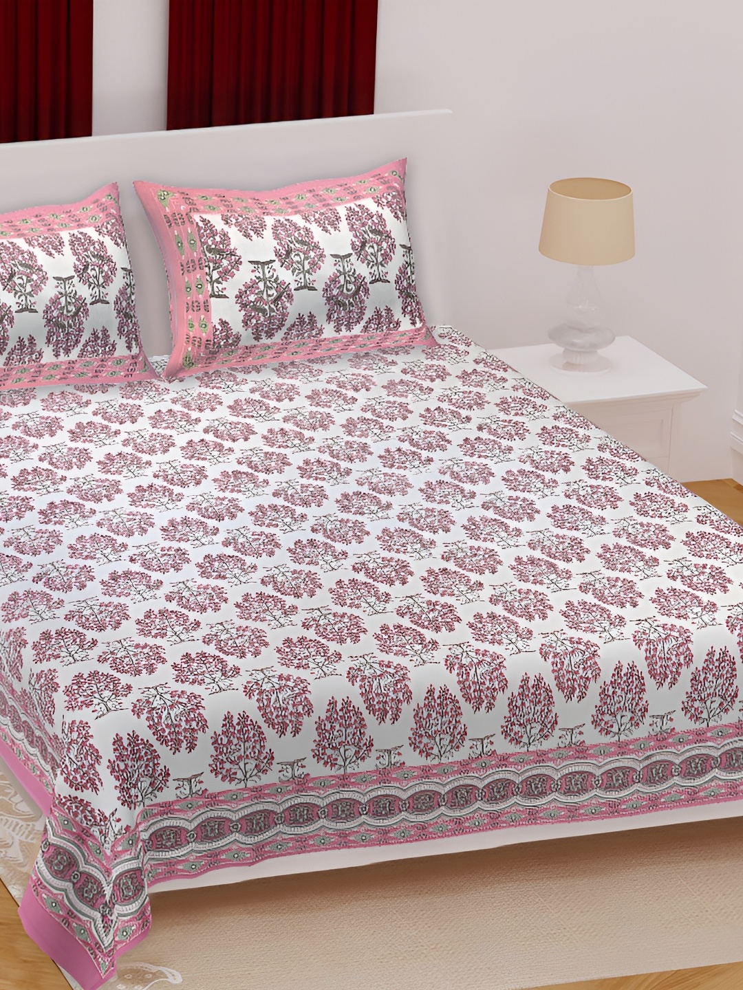 

Texstylers Pink Floral 180 TC Cotton Queen Bedsheet with 2 Pillow Covers