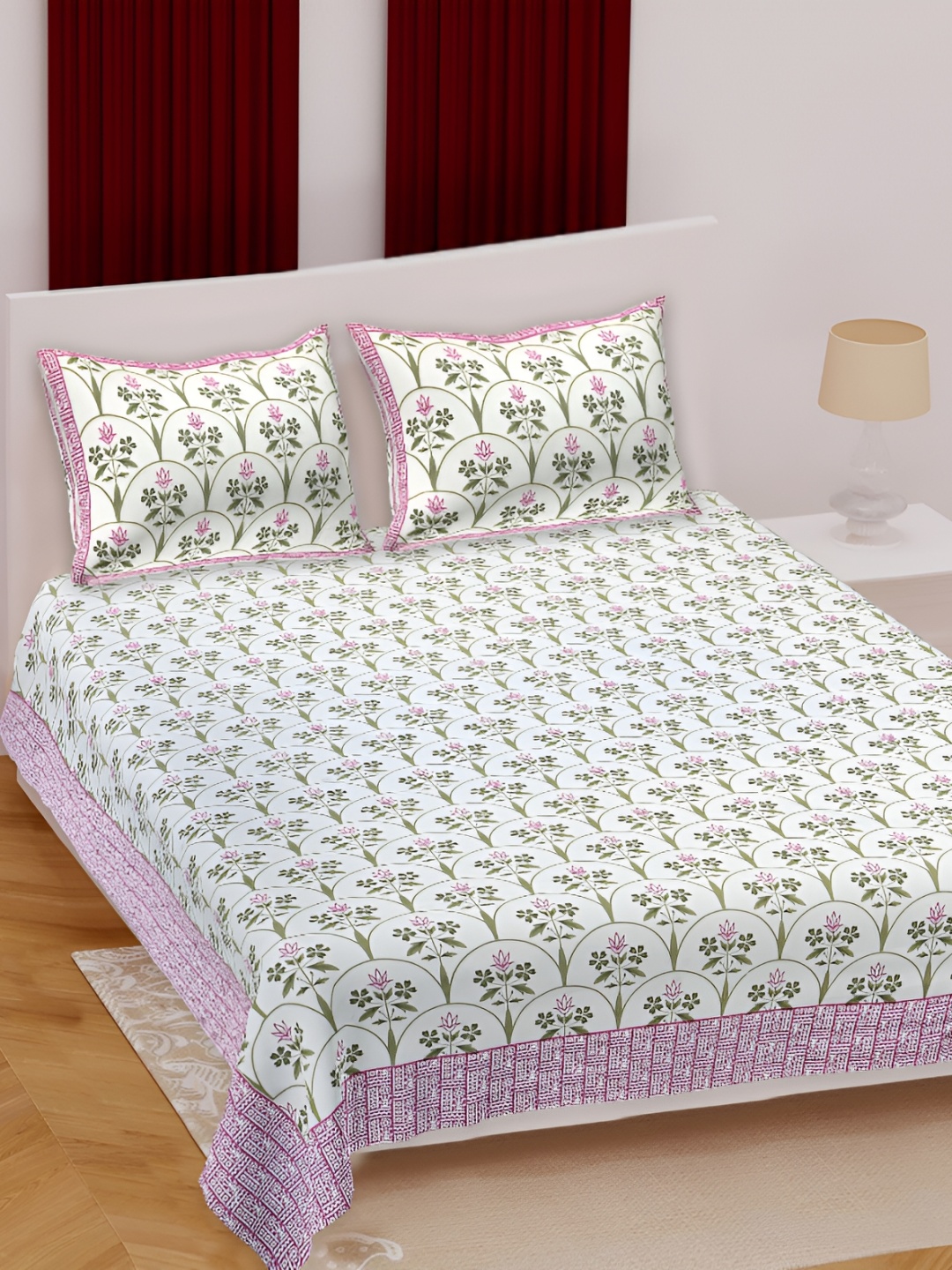

Texstylers Green Floral 180 TC Cotton Queen Bedsheet with 2 Pillow Covers