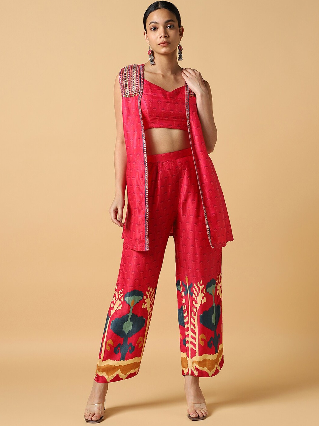 

House Of Dharaa Ethnic Motifs Printed Crop Top With Trousers & Shrug, Pink