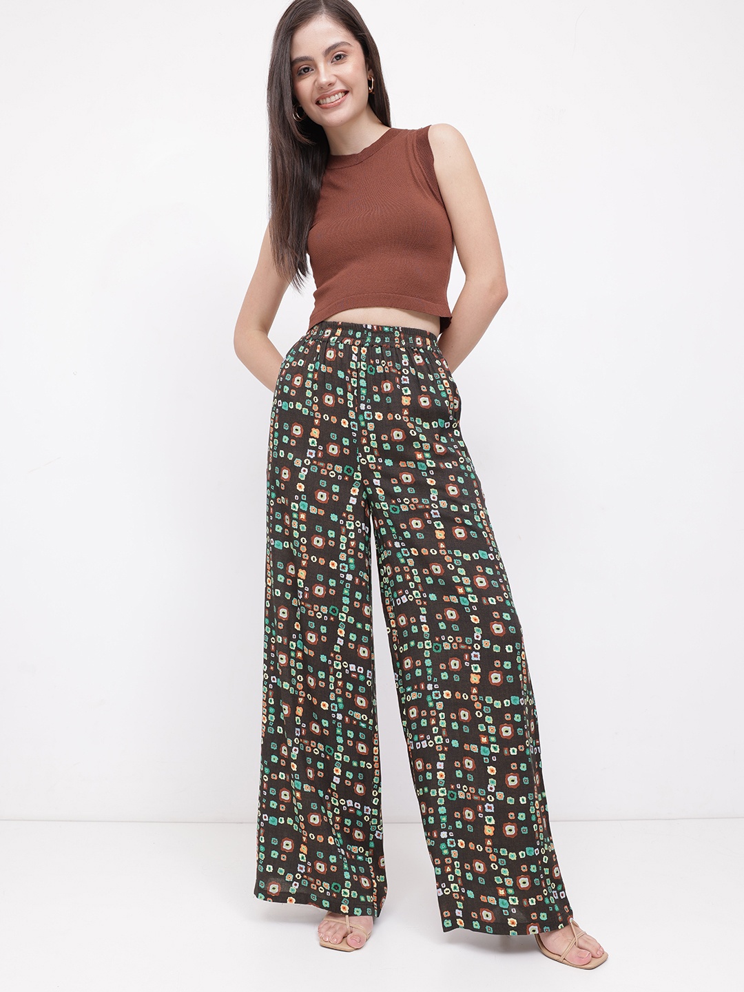 

DressBerry Fusion Flair Bandhani Inspired Wide Leg Trouser, Brown