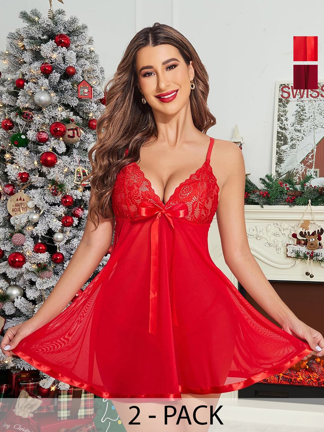 

Aamarsh Pack Of 2 Self Design Net Baby Doll, Red