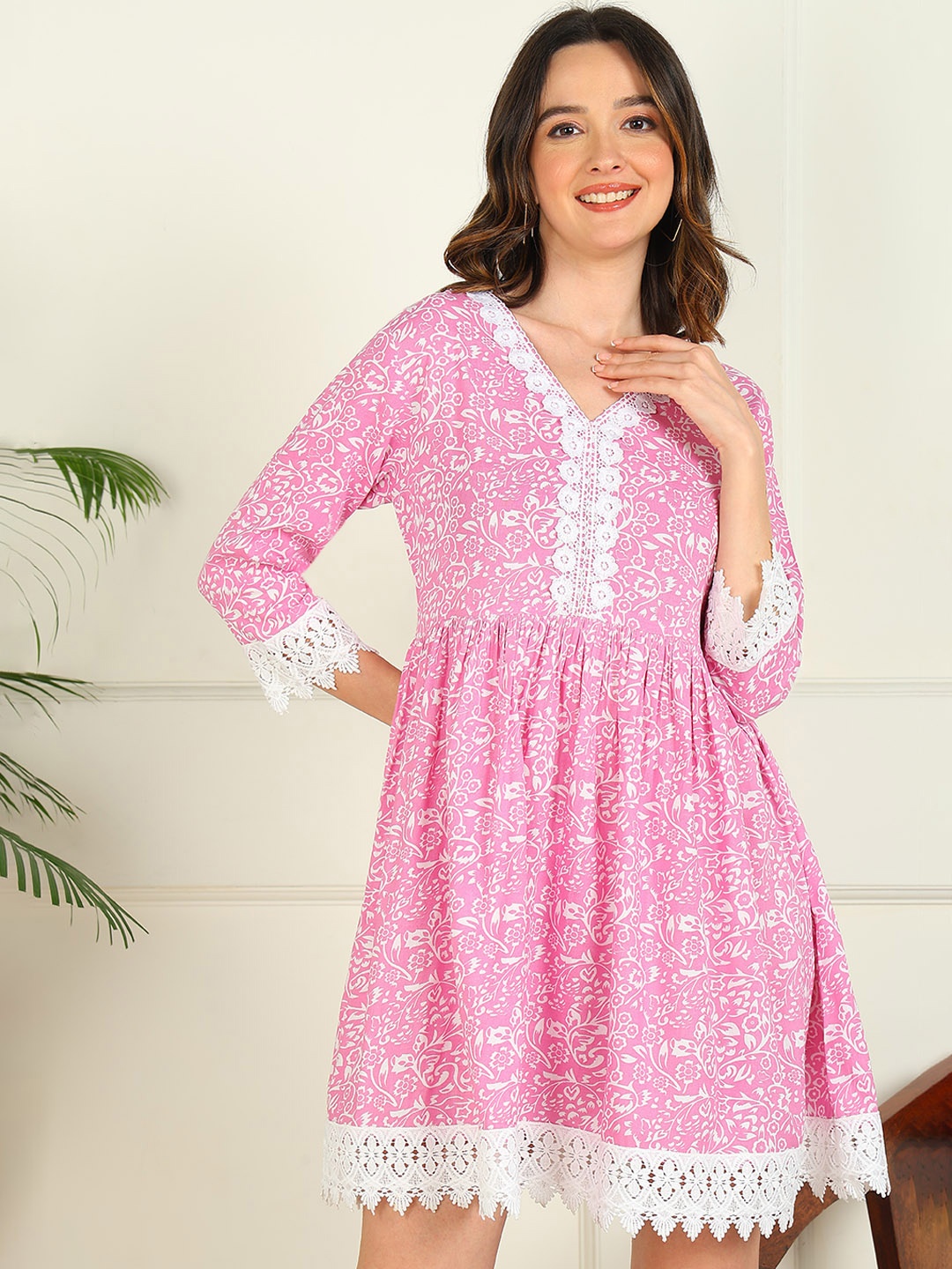 

mokshi Floral Printed Mini Fit & Flare Dress, Pink