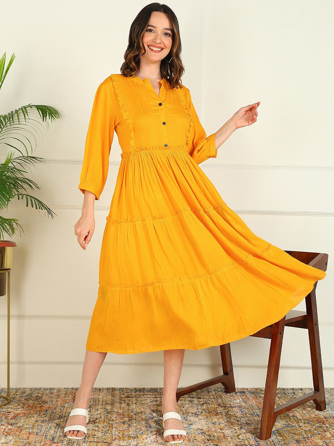 

mokshi Mandarin Collar Tiered A-Line Midi Dress, Yellow