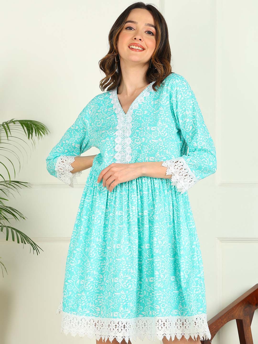 

mokshi Floral Printed A-Line Mini Dress, Blue
