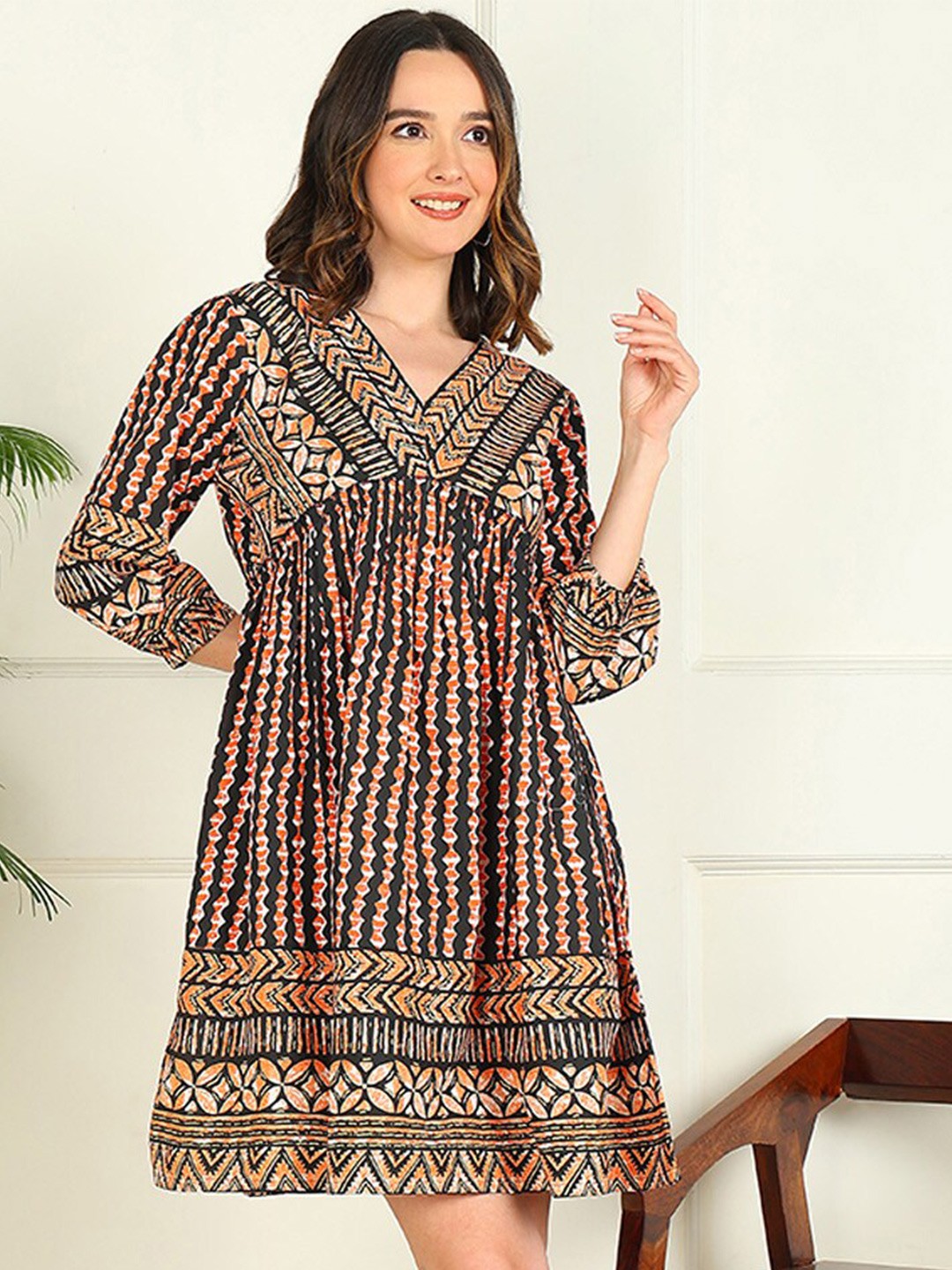 

mokshi Geometric Printed A-Line Dress, Orange