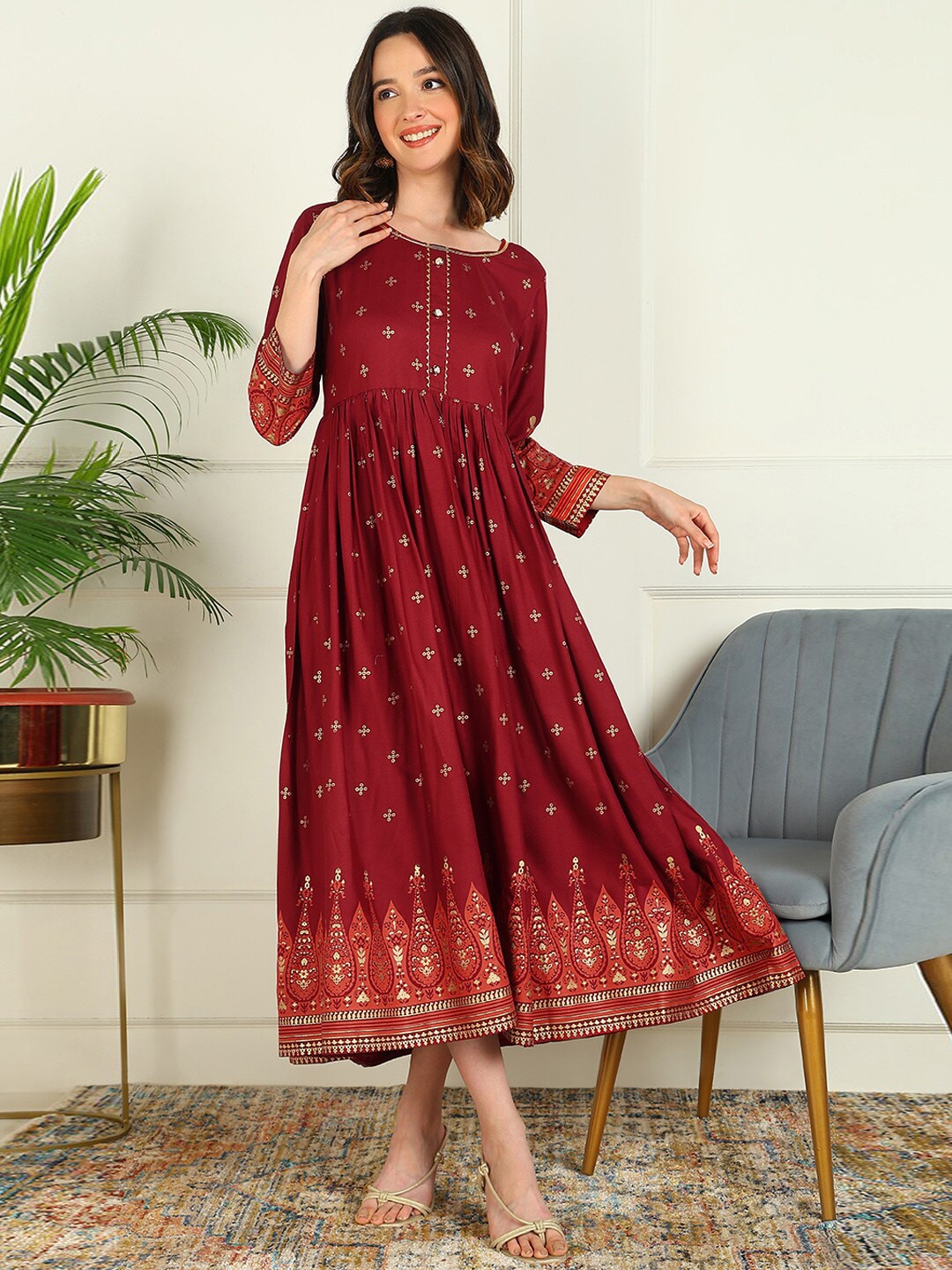 

mokshi Ethnic Motifs Printed Gotta Patti Fit & Flare Midi Dress, Maroon