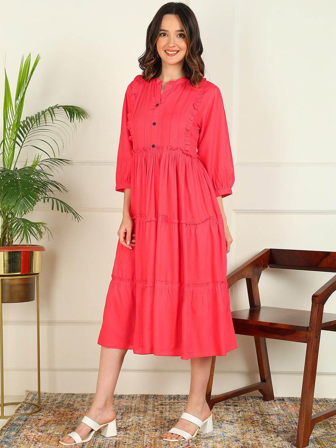 

mokshi Mandarin Collar Ruffled A-Line Midi Dress, Pink