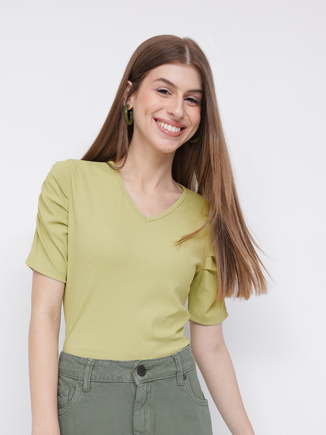 

Dressberry Basics Fern Green Core Minimalism Ribbed Fitted T-shirt, Lime green