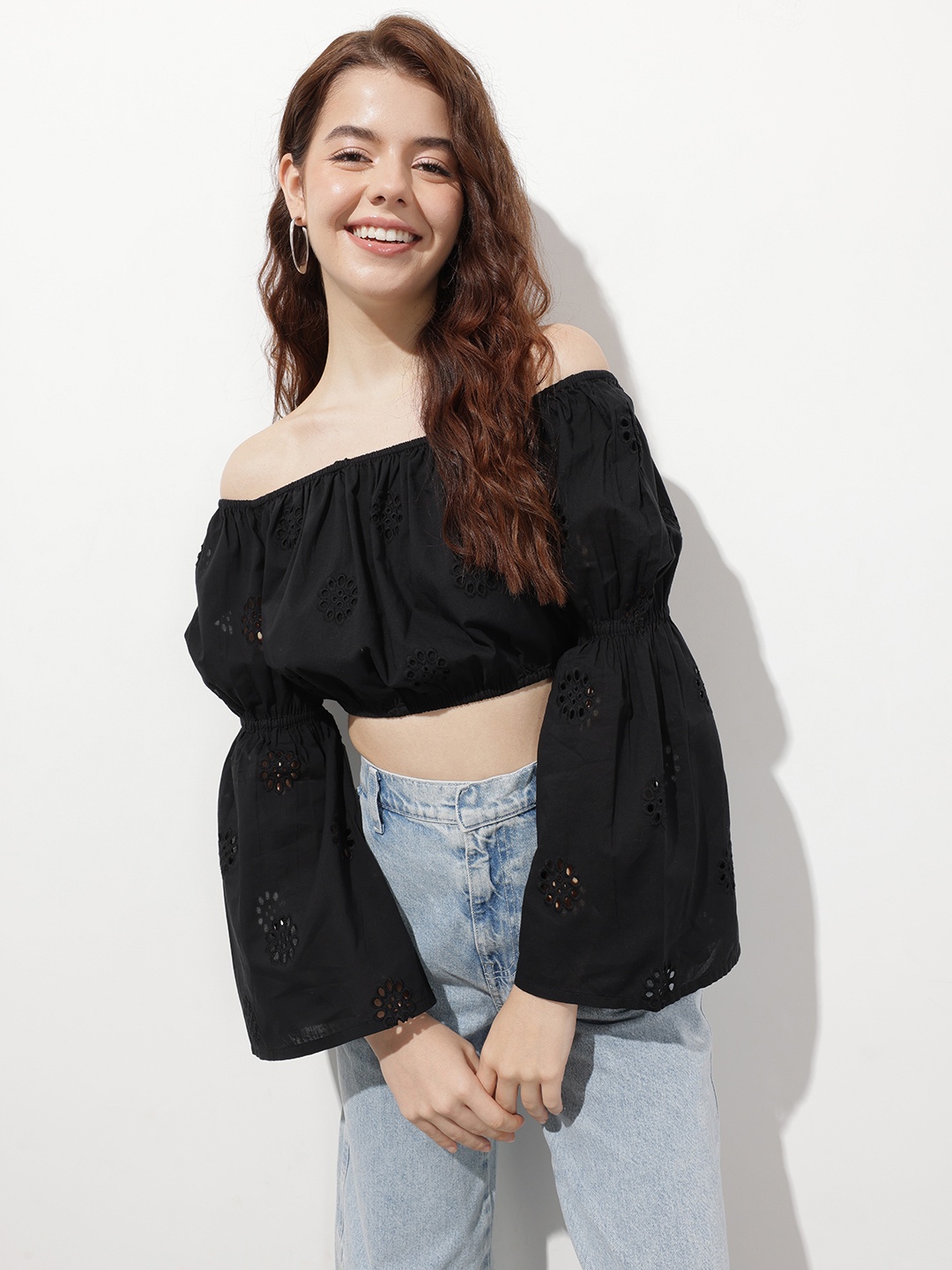 

DressBerry Openwork Broderie Bardot Crop Top, Black
