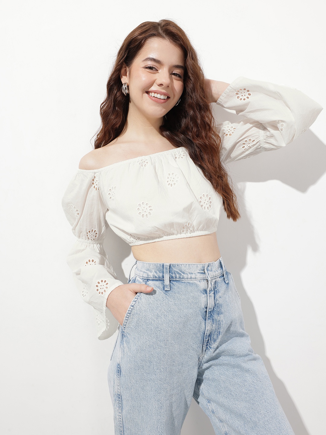 

DressBerry Vintage Revival Schiffli Accents Bardot Crop Top, White