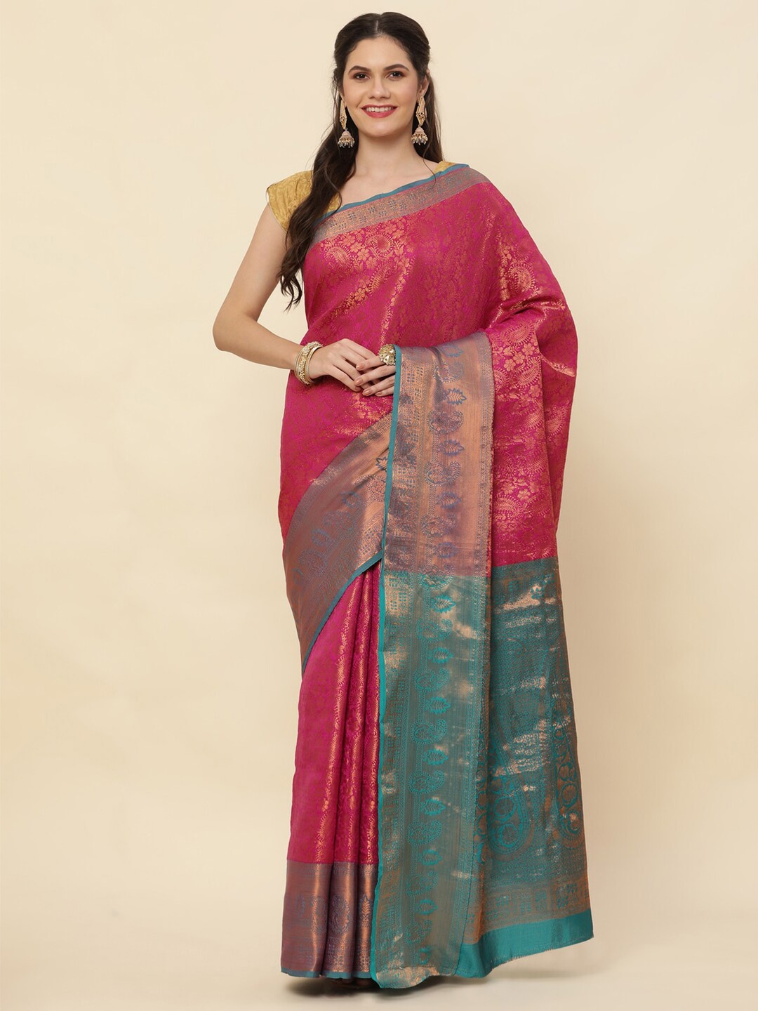 

SHIVVAYNX Woven Design Zari Pure Silk Kanjeevaram Saree, Pink