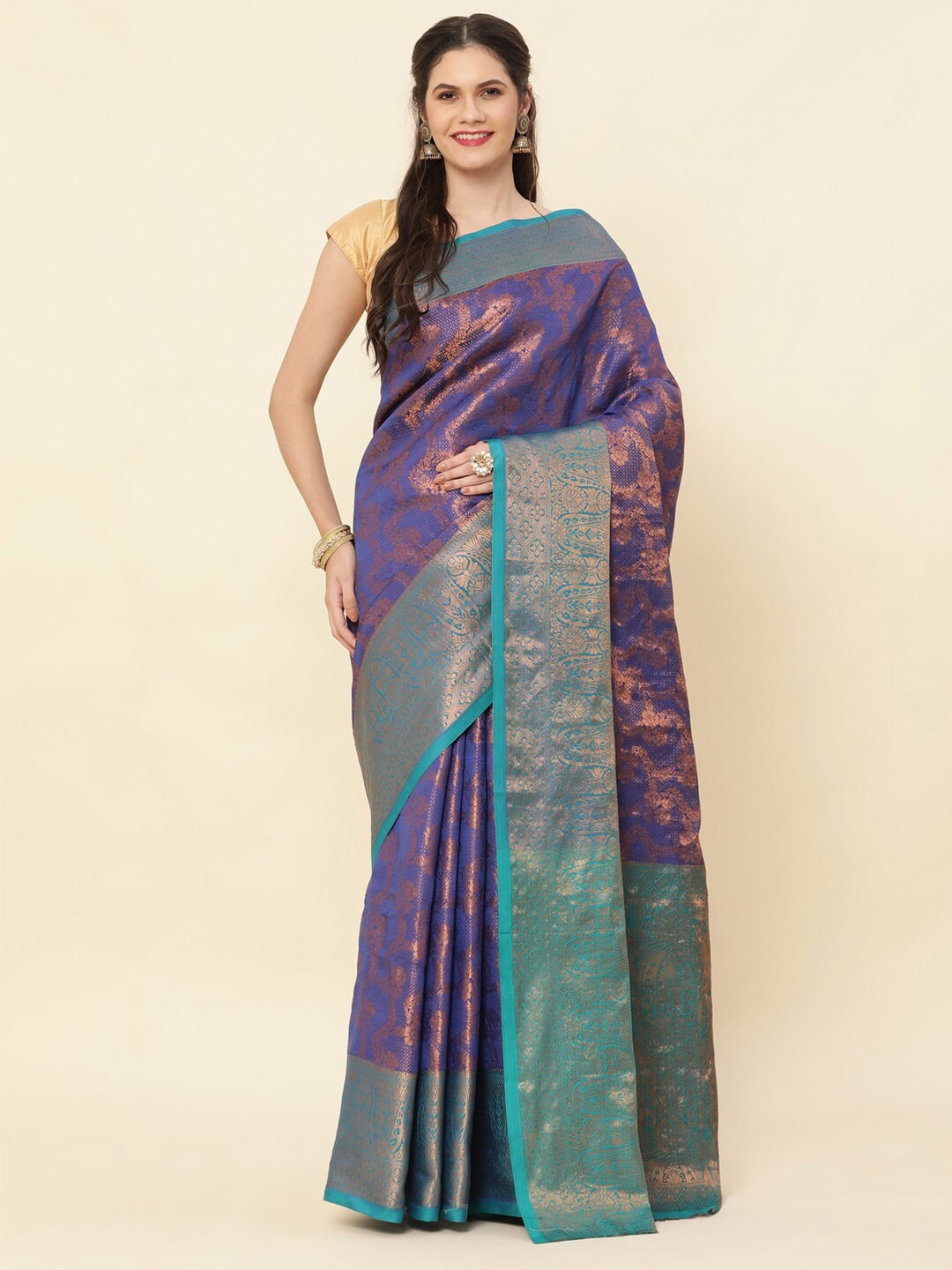 

SHIVVAYNX Woven Design Zari Kanjeevaram Saree, Navy blue