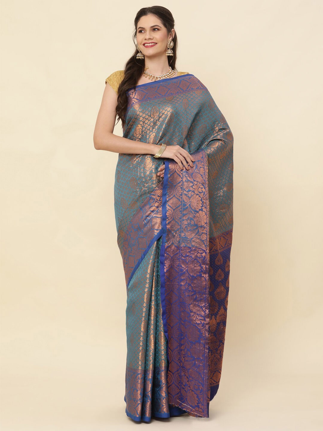 

SHIVVAYNX Woven Design Zari Pure Silk Kanjeevaram Saree, Blue