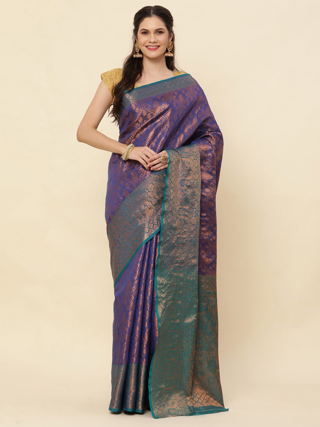 

SHIVVAYNX Ethnic Motifs Woven Design Zari Pure Silk Kanjeevaram Saree, Navy blue