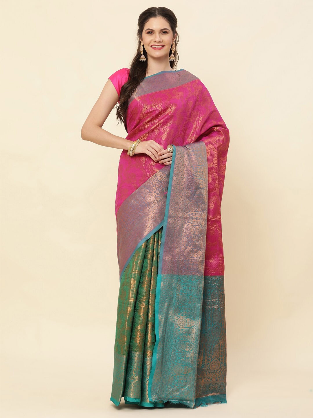 

SHIVVAYNX Ethnic Motifs Woven Design Zari Silk Blend Kanjeevaram Saree, Pink