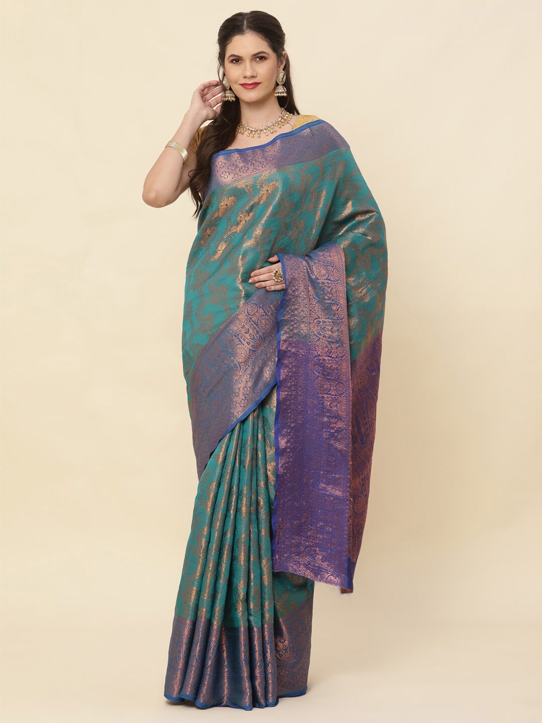 

SHIVVAYNX Ethnic Motifs Woven Design Zari Silk Blend Kanjeevaram Saree, Green