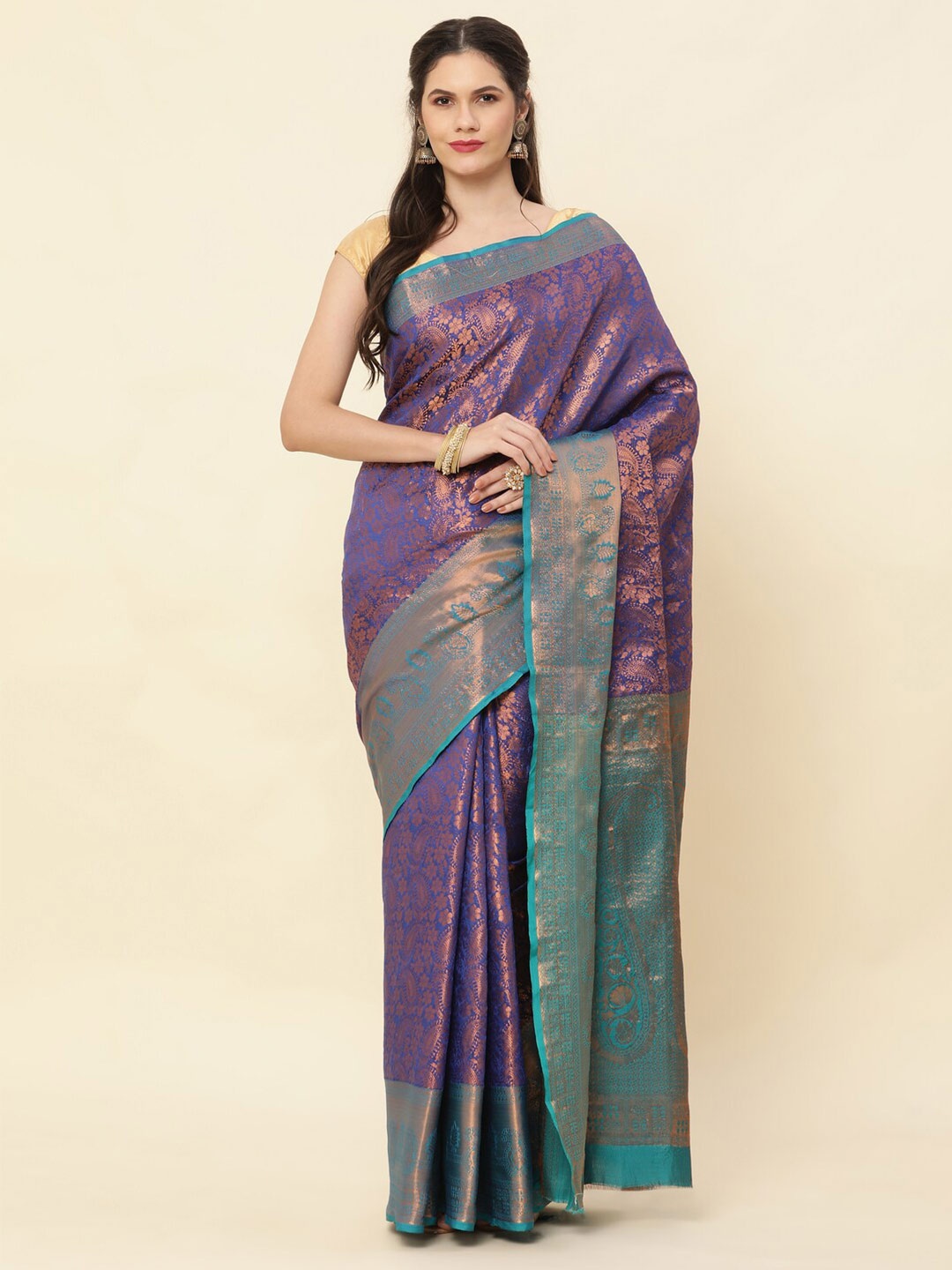

SHIVVAYNX Ethnic Motifs Woven Design Zari Pure Silk Kanjeevaram Saree, Navy blue
