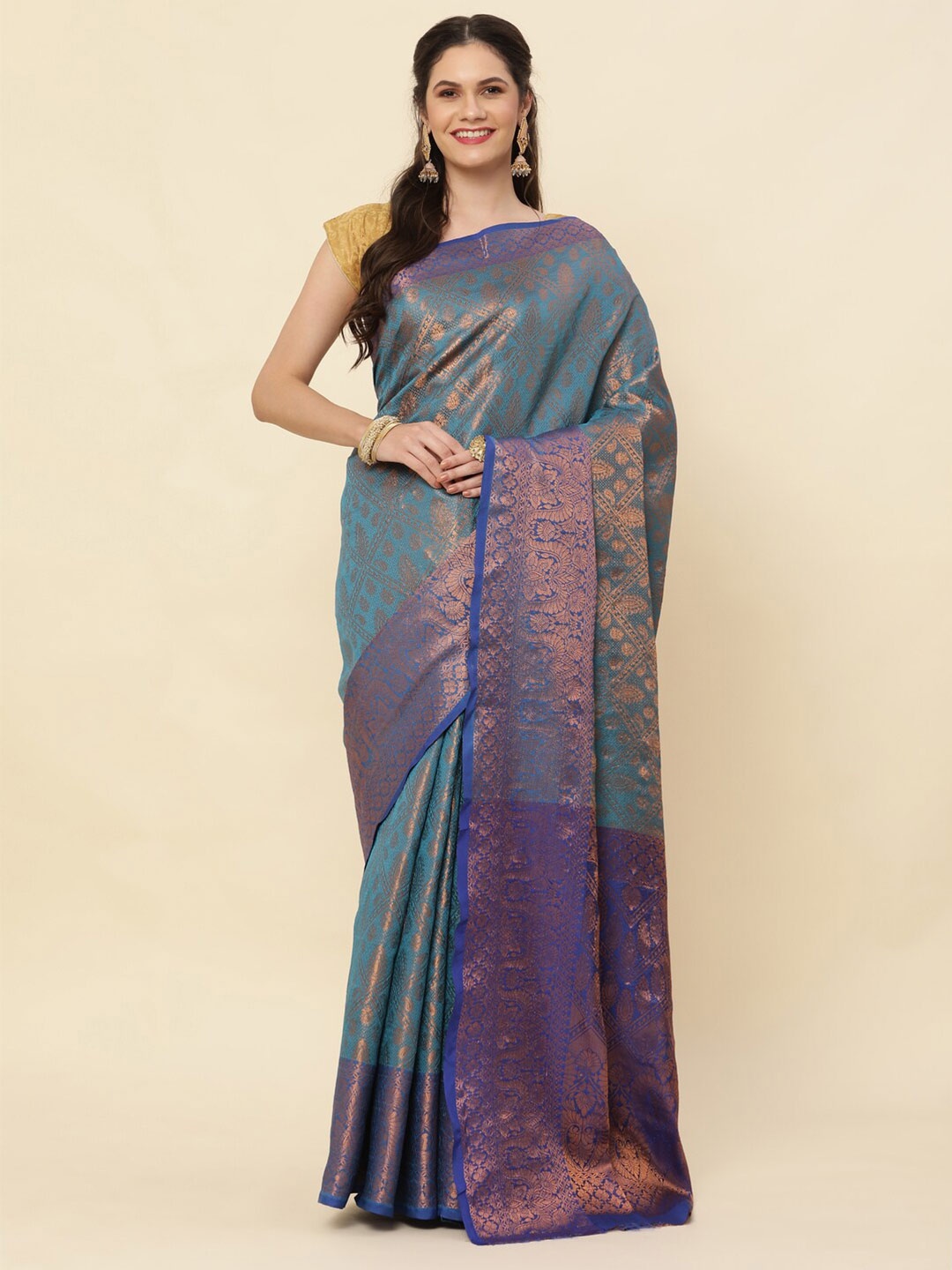 

SHIVVAYNX Ethnic Motifs Woven Design Zari Pure Silk Kanjeevaram Saree, Blue