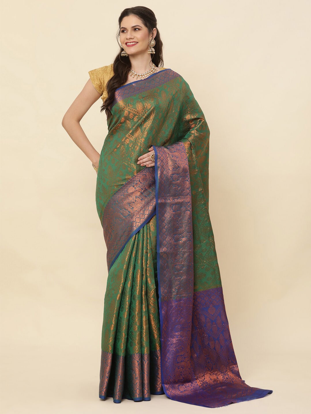 

SHIVVAYNX Ethnic Motifs Woven Design Zari Pure Silk Kanjeevaram Saree, Green