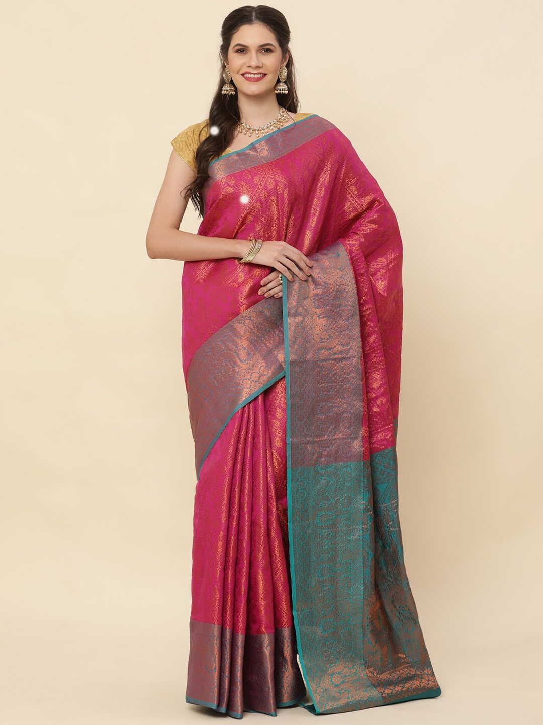 

SHIVVAYNX Ethnic Motifs Woven Design Zari Pure Silk Kanjeevaram Saree, Pink