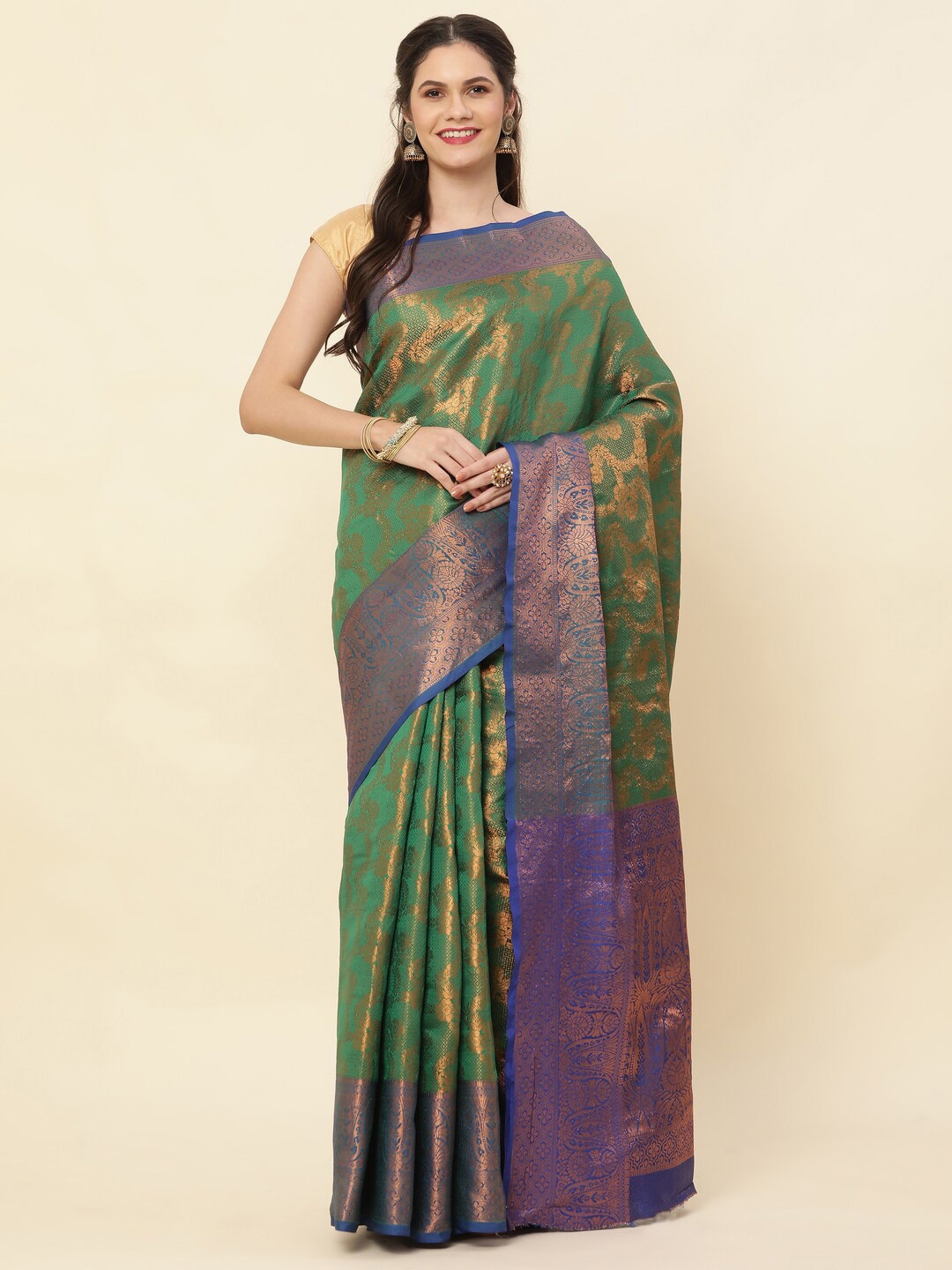 

SHIVVAYNX Ethnic Woven Design Zari Kanjeevaram Saree, Green