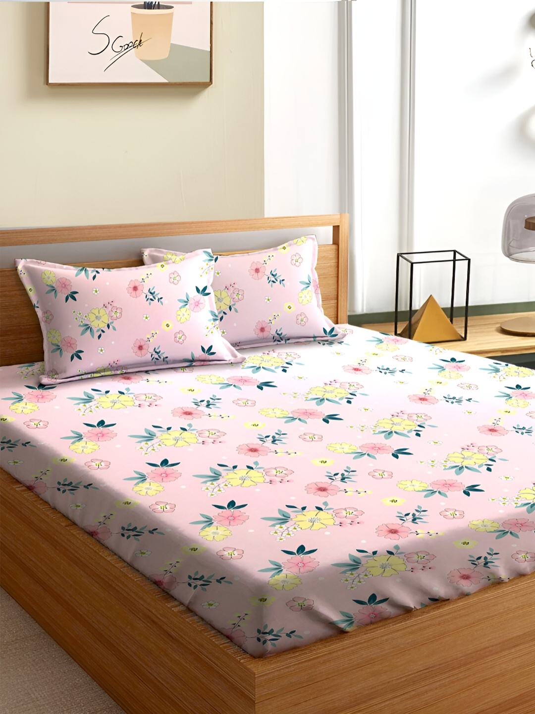 Aura Pink & Green Floral 180 TC Queen Bedsheet With 2 Pillow Covers