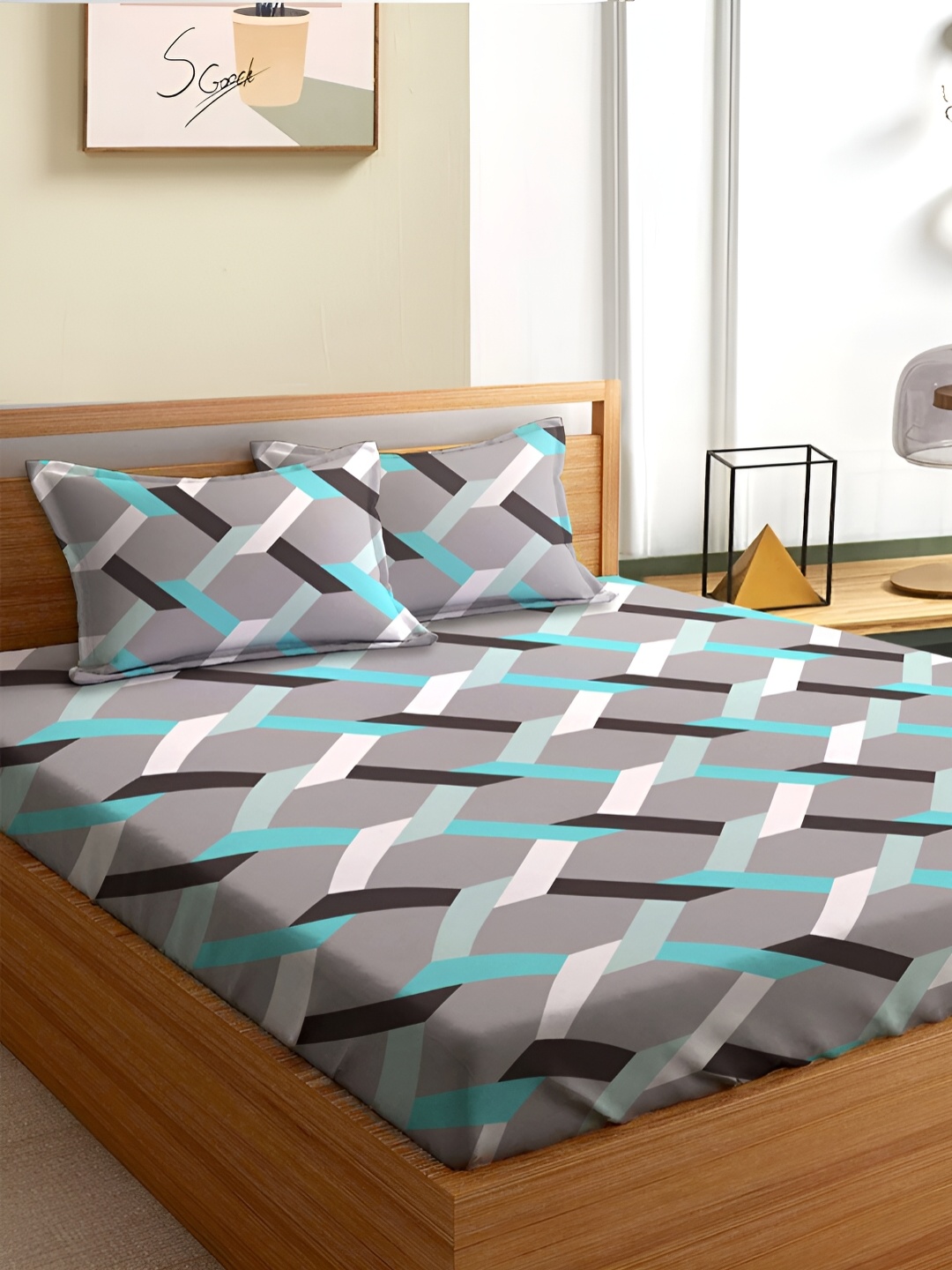 

Aura Grey & Blue Geometric Microfiber 180 TC Queen Bedsheet with 2 Pillow Covers