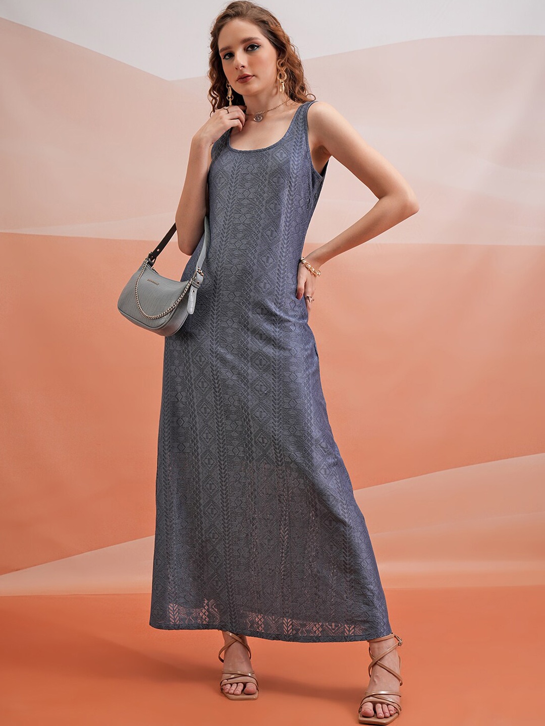 

Tokyo Talkies Blue Self Design Shoulder Straps Maxi Dress