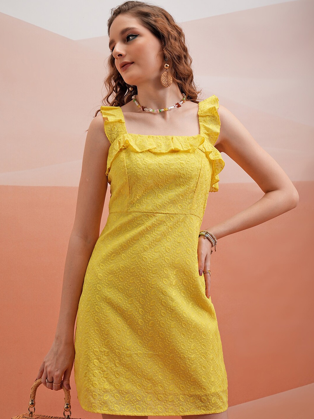 

Tokyo Talkies Yellow Floral Embroidered Square Neck Ruffled & Tie Up Sheath Dress