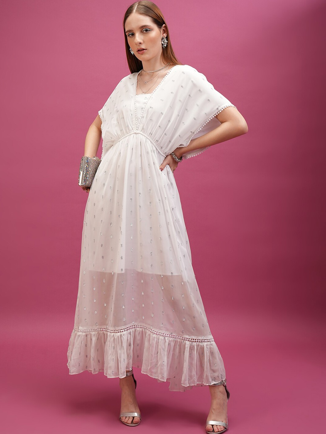 

Tokyo Talkies White Self Design V-Neck Extended Sleeve Tie Up Maxi Dress