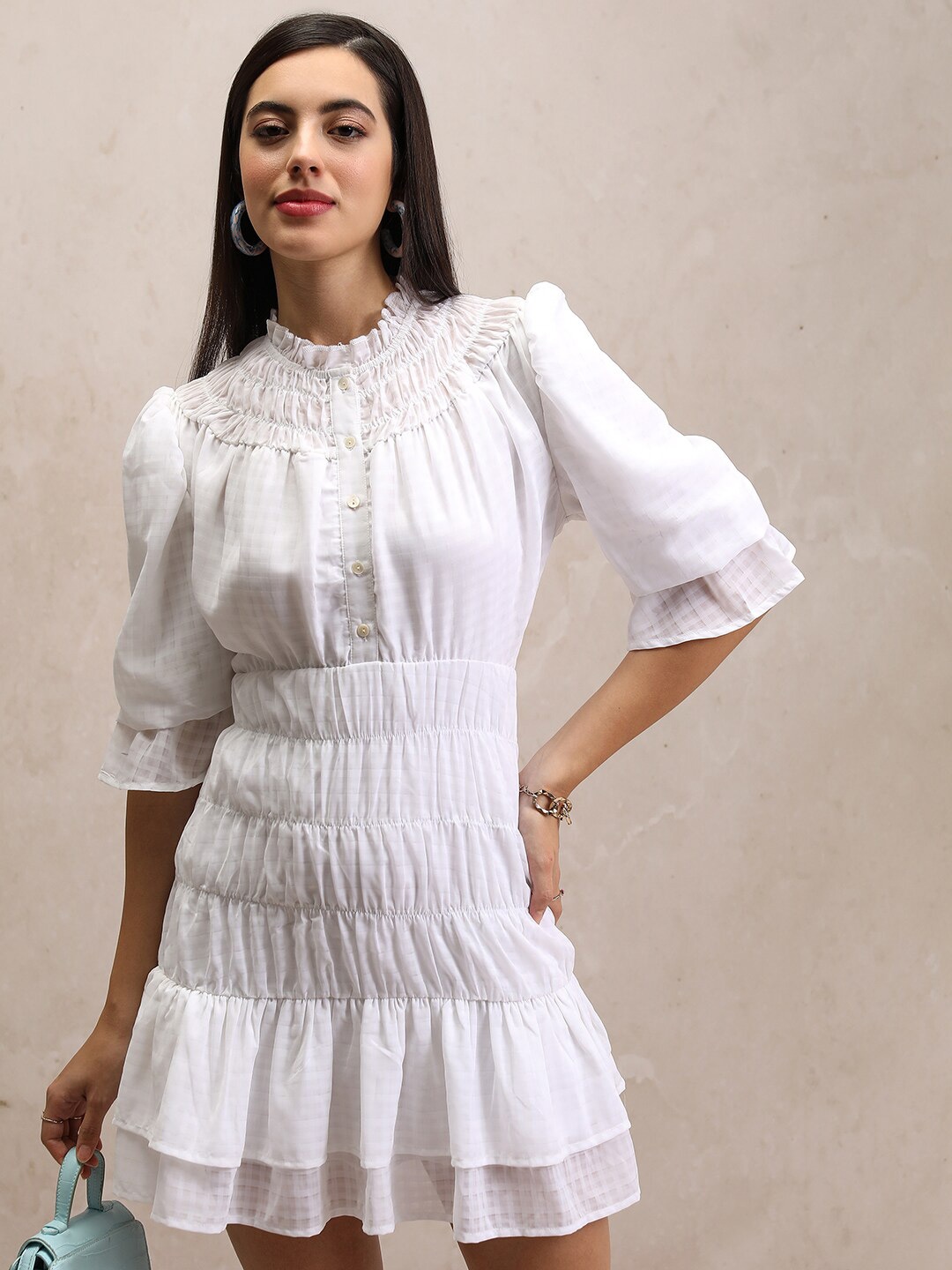 

Tokyo Talkies White Mock Neck Bell Sleeve Gathered Layered A-Line Dress