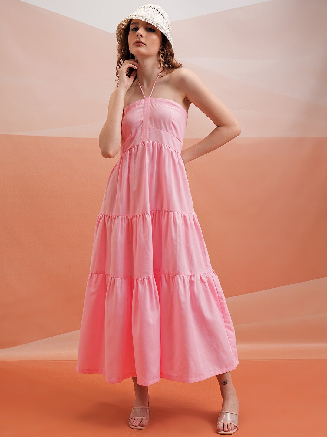 

Tokyo Talkies Rose-Coloured Halter Neck Tiered Maxi Dress