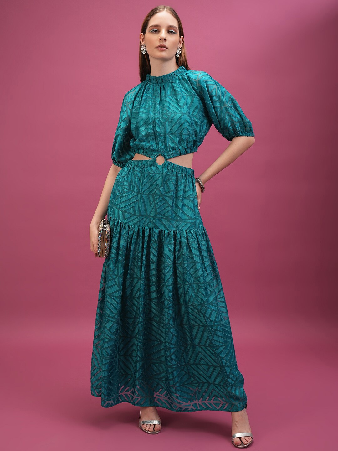 

Tokyo Talkies Teal Self Design Cut-Out Maxi Dress