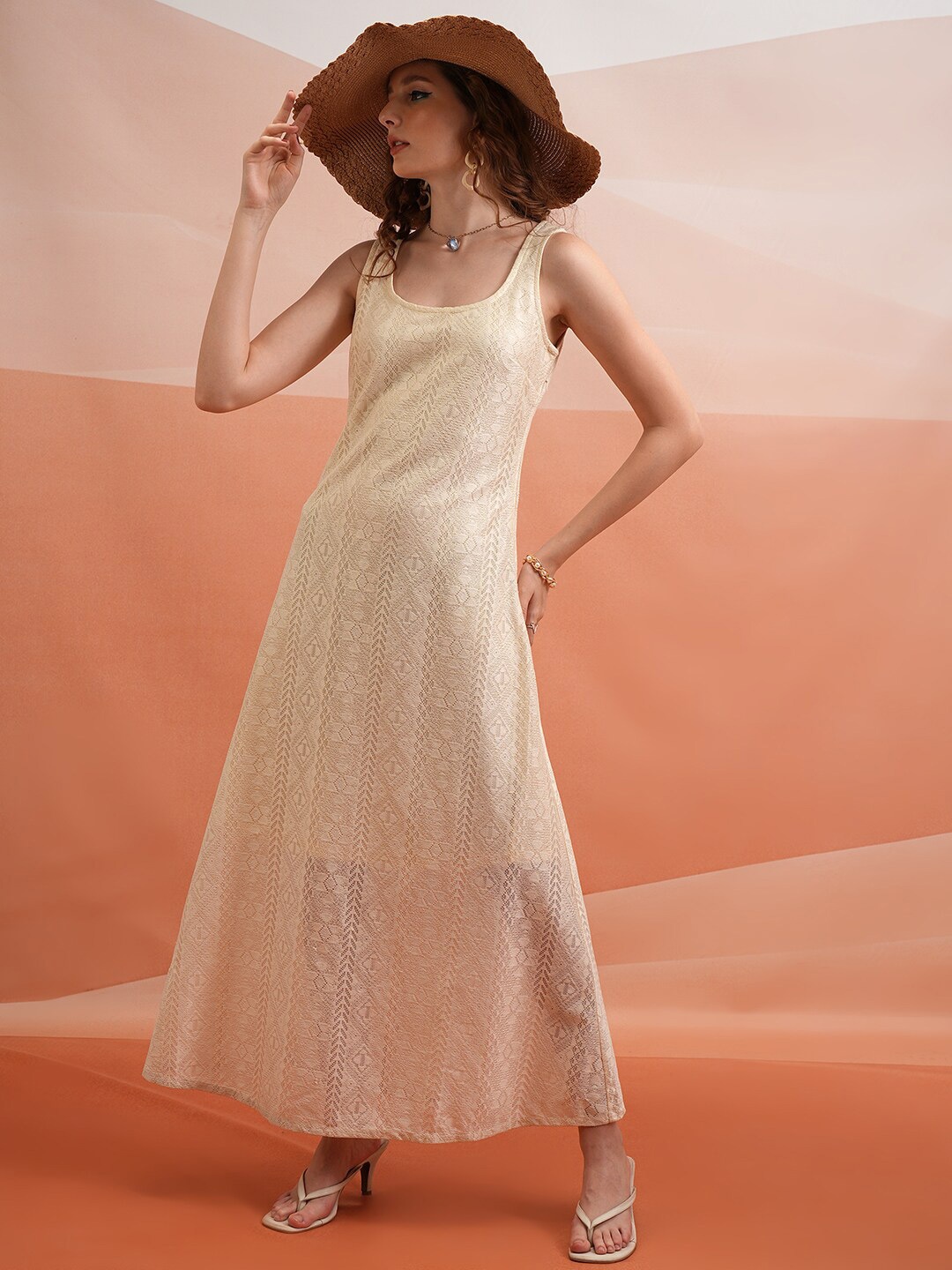 

Tokyo Talkies Round Neck Crochet Maxi Dress, Off white