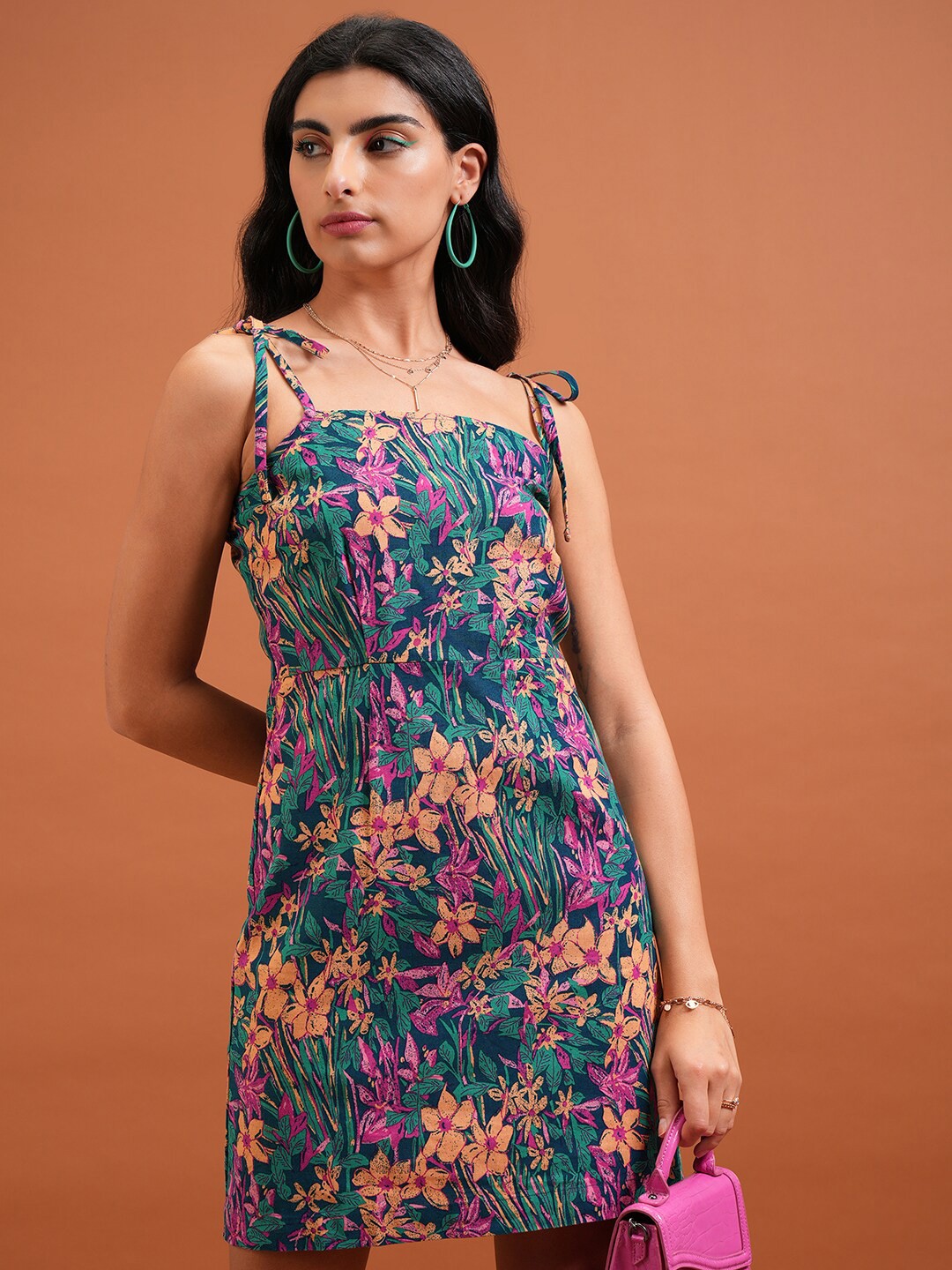 

Tokyo Talkies Teal Blue Floral Printed Shoulder Straps Cotton A-Line Dress