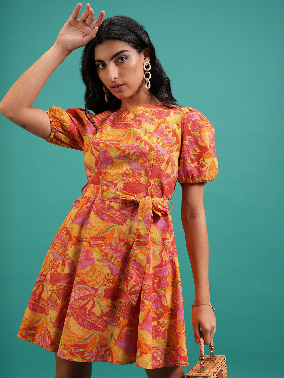 

Tokyo Talkies Orange Floral Printed Puff Sleeve Belted Cotton Fit & Flare Dress