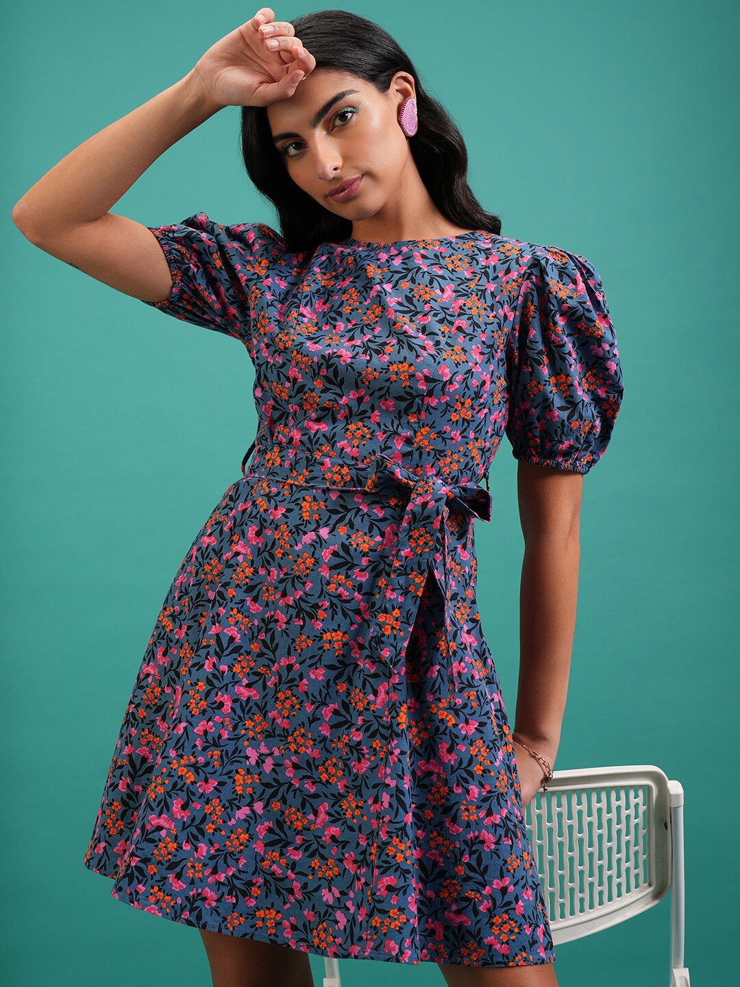 

Tokyo Talkies Blue Floral Printed Puff Sleeve Belted Cotton Fit & Flare Dress
