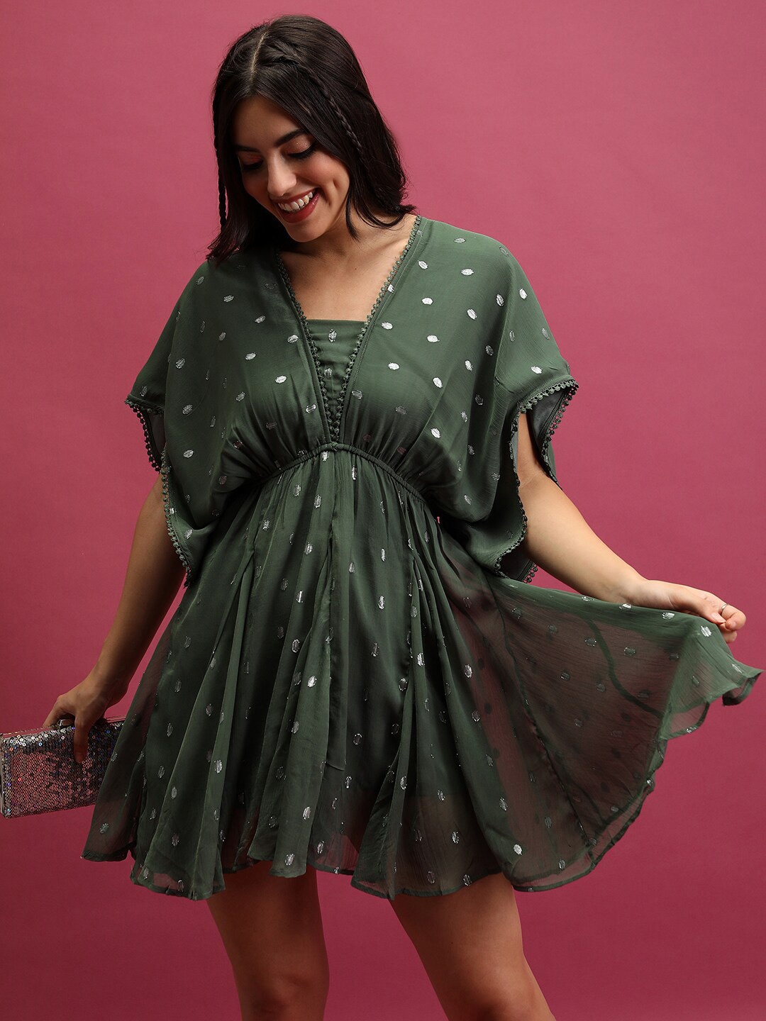 

Tokyo Talkies Self Design Extended Sleeves Gathered Fit & Flare Dress, Green