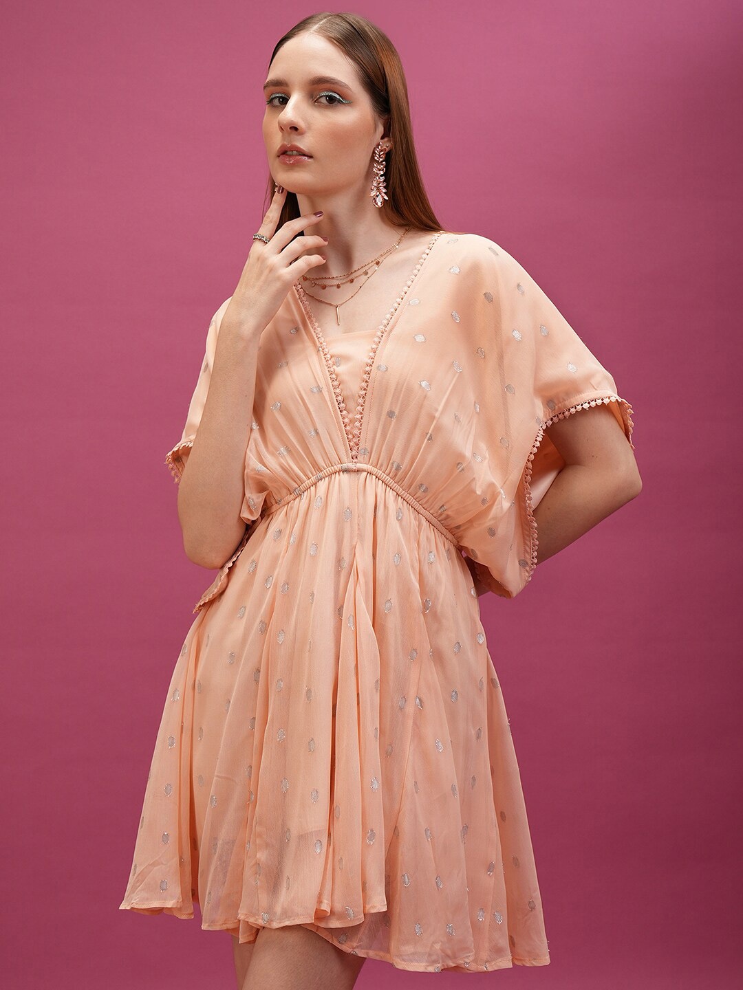 

Tokyo Talkies Self Design Extended Sleeves Gathered Fit & Flare Dress, Pink