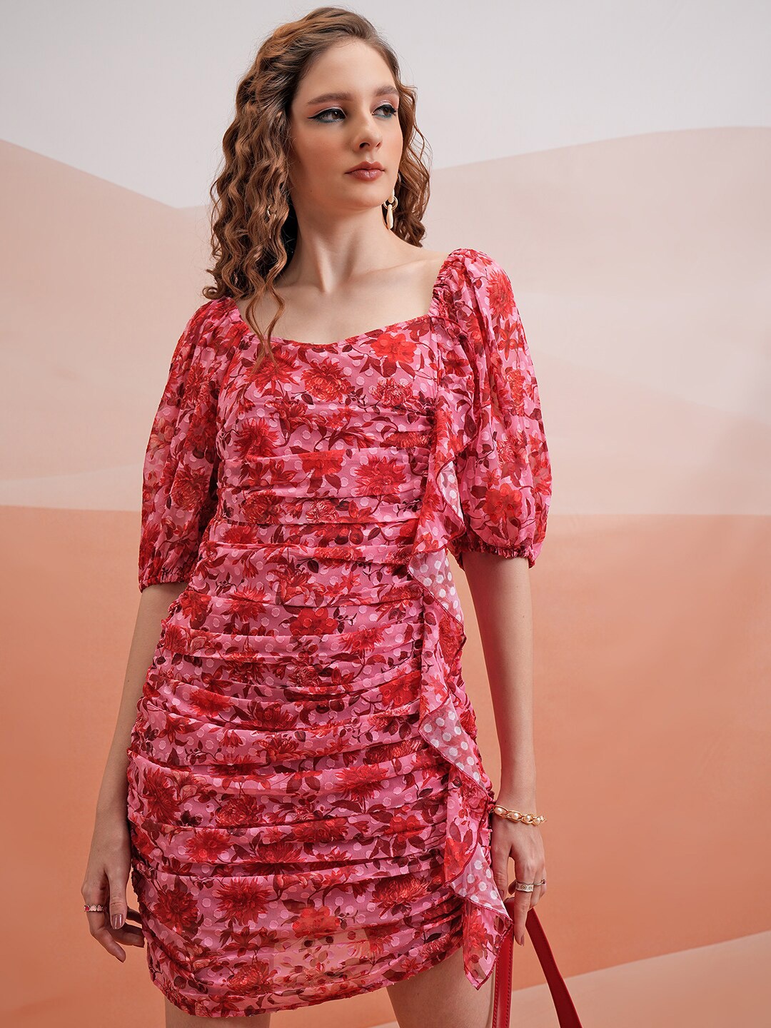 

Tokyo Talkies Pink Floral Printed Puff Sleeves Ruffles Ruched Sheath Dress