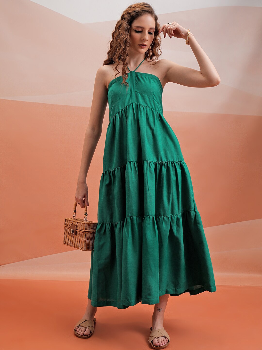 

Tokyo Talkies Green Halter Neck Empire Tiered Maxi Dress